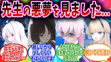 夢で先生が悲惨な状態になってしまい現実の先生を心配して甘えるブルアカキャラの反応【ブルーアーカイブ ブルアカ 反応集 まとめ】