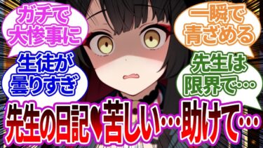 【SS集】軽い気持ちで覗き見た先生の日記に、仕事の苦しみやボロボロな先生の身体について書かれていた場合の生徒たちの反応集【ワカモ/ブルーアーカイブ/ブルアカ/反応集/まとめ】
