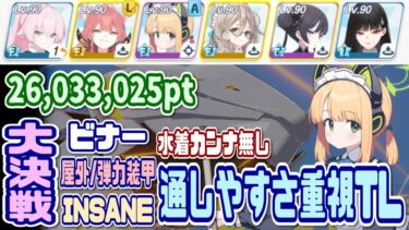 【ブルアカ】簡単TL：水着カンナ無し 大決戦ビナー屋外 弾力装甲INSANE 1凸 26,033,025pt【ブルーアーカイブ】